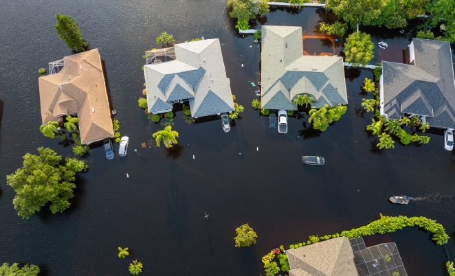 aerial view of a flooded neighborhood